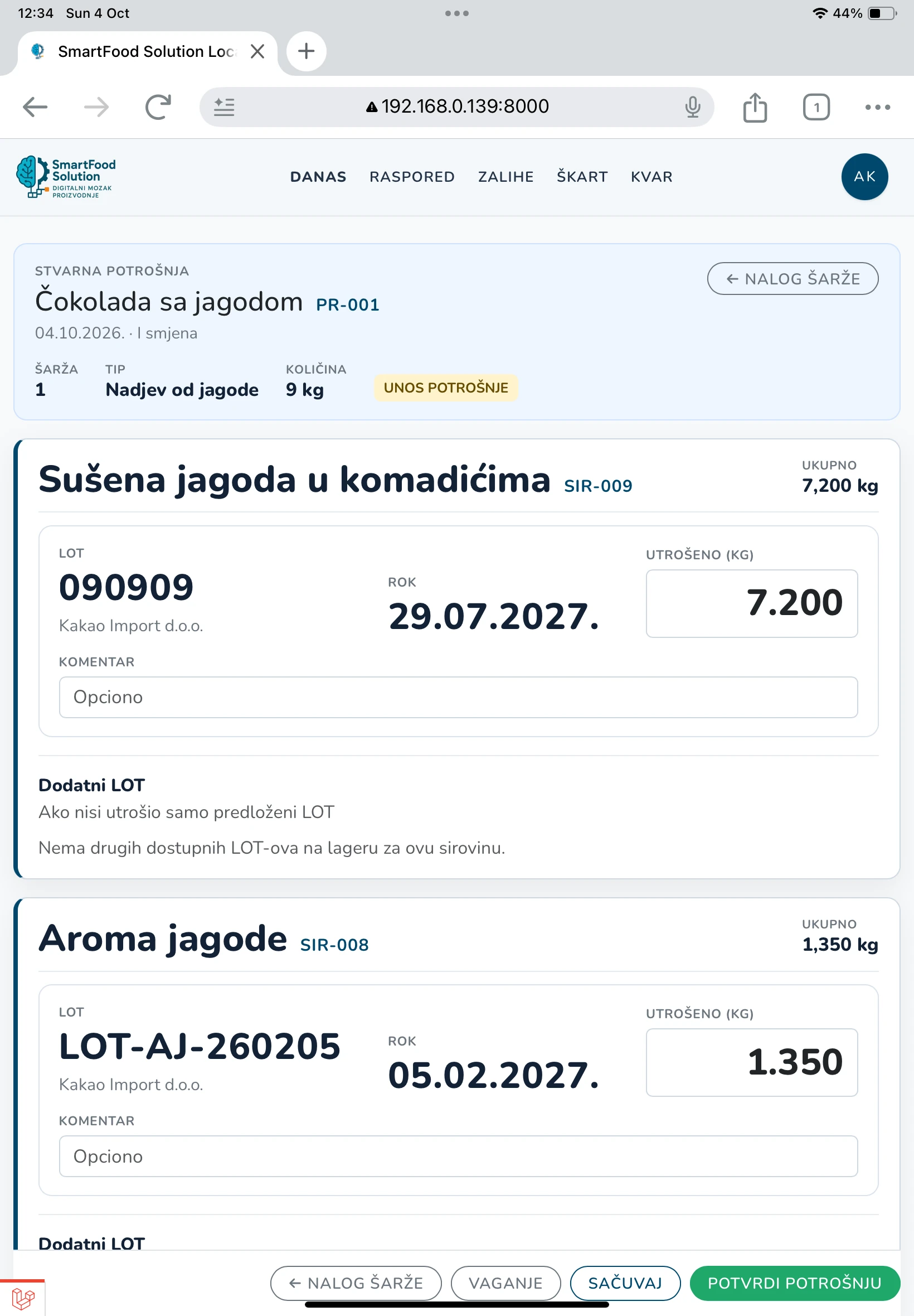 Material consumption by lot. Linked to the batch.